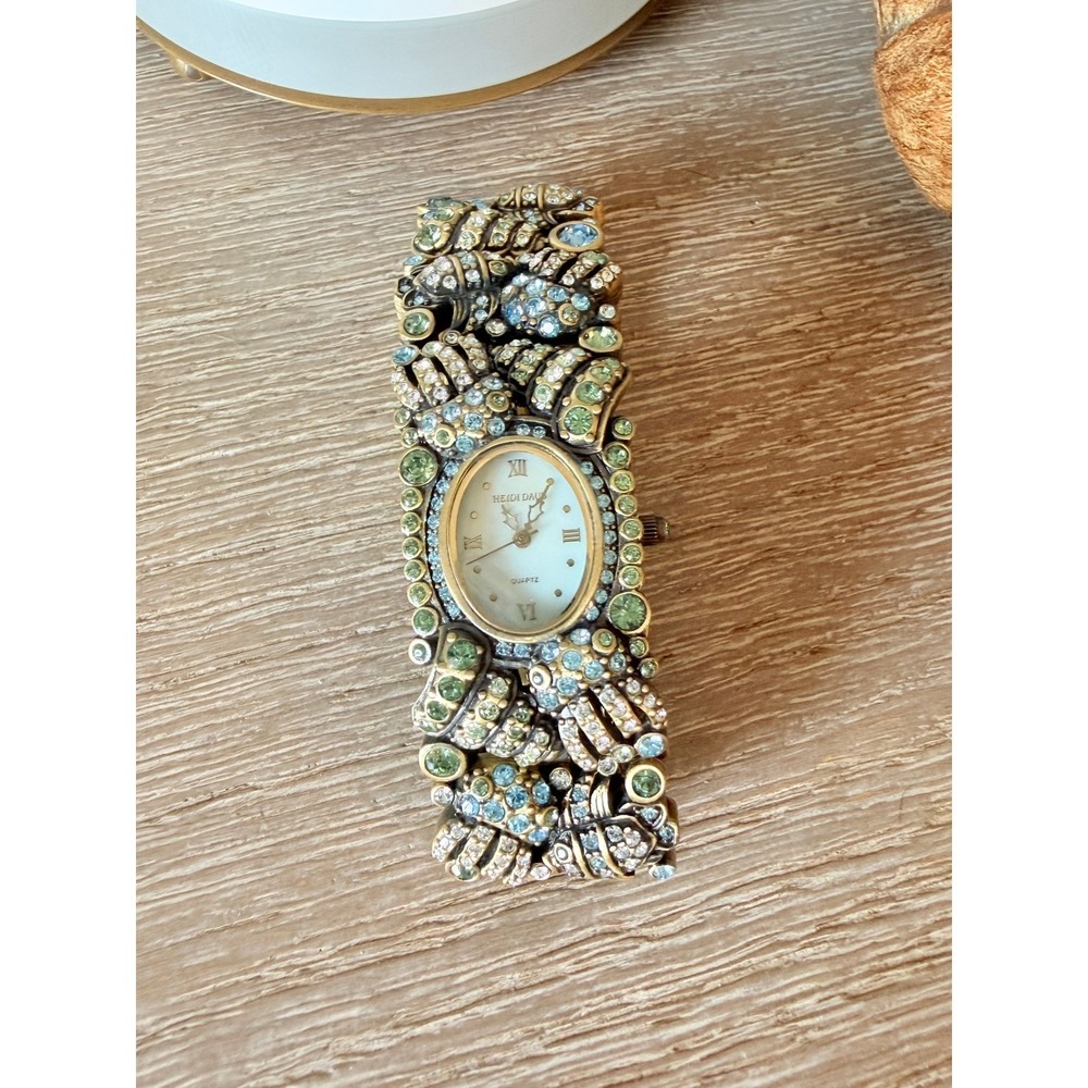 Heidi Daus Sea Life Rhinestone Bracelet Watch Women Bronze Green Blue 7.25"